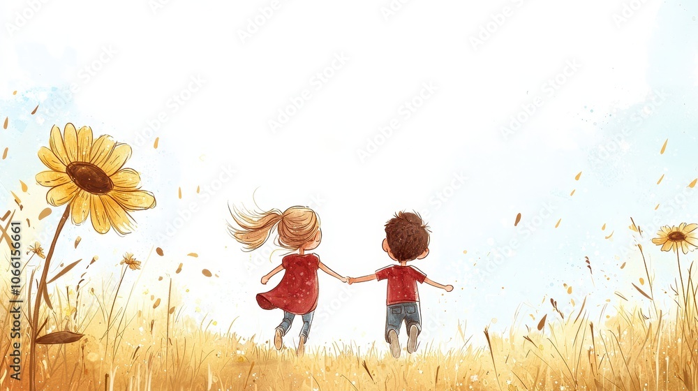 Φωτογραφία Two children hold hands in a golden field, surrounded by sunflowers, capturing a moment of joy and friendship under a bright sky