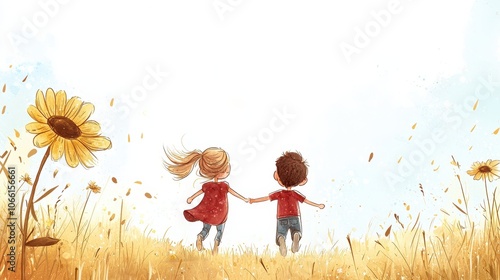 Two children hold hands in a golden field, surrounded by sunflowers, capturing a moment of joy and friendship under a bright sky. photo