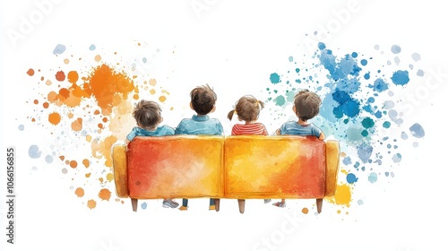 A colorful watercolor illustration of four children sitting on a couch, facing away with vibrant splashes of color in the background.