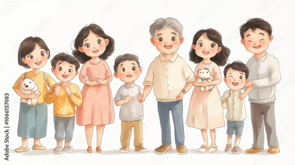 Obraz premium A cheerful illustration of a multi-generational family, with children and adults posing together and holding pets.