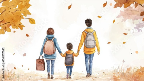A family of three walks hand-in-hand through a picturesque autumn landscape, surrounded by falling leaves and warm colors.