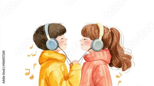 Two children sharing headphones, smiling at each other, immersed in music, surrounded by musical notes, conveying a sense of joy and connection.