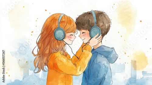 A joyful illustration of two young people sharing headphones, enjoying music together in a colorful, soft watercolor style.