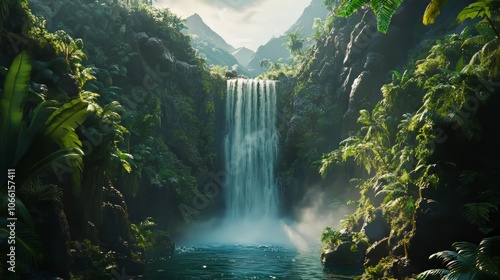 A majestic waterfall in a jungle, hypermaximalist, advertising photography, hyper realistic, fine detail,