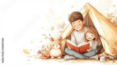A cozy illustration of a child and sibling reading together inside a tent, accompanied by a playful dog, amidst a backdrop of autumn leaves.