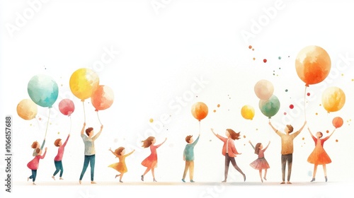 A joyful scene of children and adults celebrating together while holding colorful balloons, capturing a sense of happiness and togetherness.