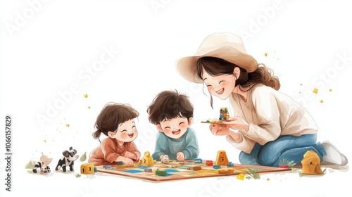 Wallpaper Mural A joyful family scene with a mother and her two children playing a board game together, fostering creativity and bonding. Torontodigital.ca