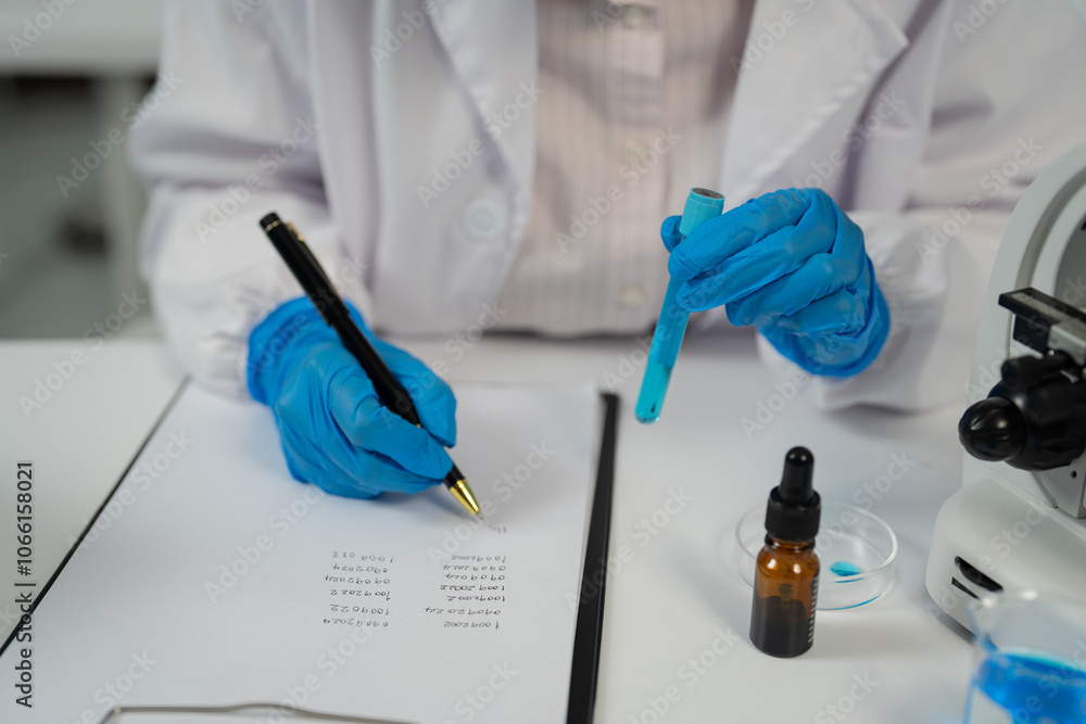 Scientist wearing lab coat and blue gloves taking notes on a clipboard while examining a test tube containing blue liquid in a laboratory setting with a microscope and other lab equipment Scientist wearing lab coat and blue gloves taking notes on a clipboard while examining a test tube containing blue liquid in a laboratory setting with a microscope and other lab equipment