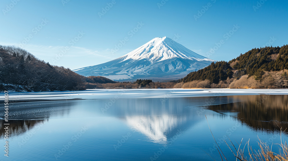 Snow-capped mountain reflected in calm lake with clear blue sky