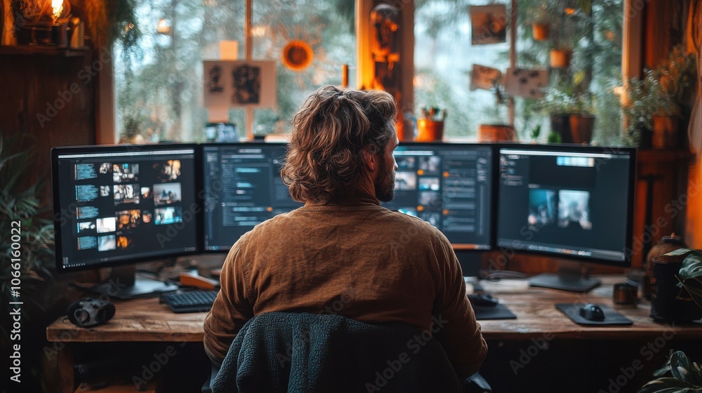 Obraz premium Man sits at a desk with three monitors in front of him, working from home.