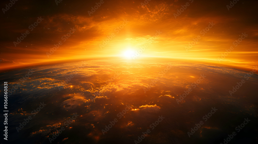 Obraz premium Golden Hour Sunrise Over Earth, sunset, planet, sky, clouds, atmosphere