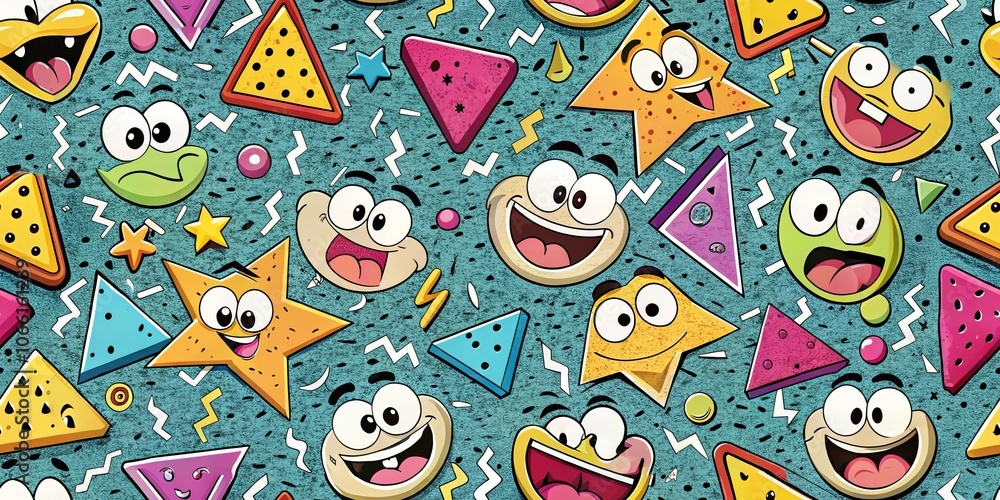 Fototapeta premium Colorful cartoon geometric shapes with smiley faces on blue background
