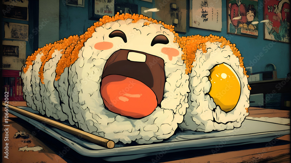 Cute Sushi Roll Cartoon Illustration, food, japanese food, kawaii, funny, digital art