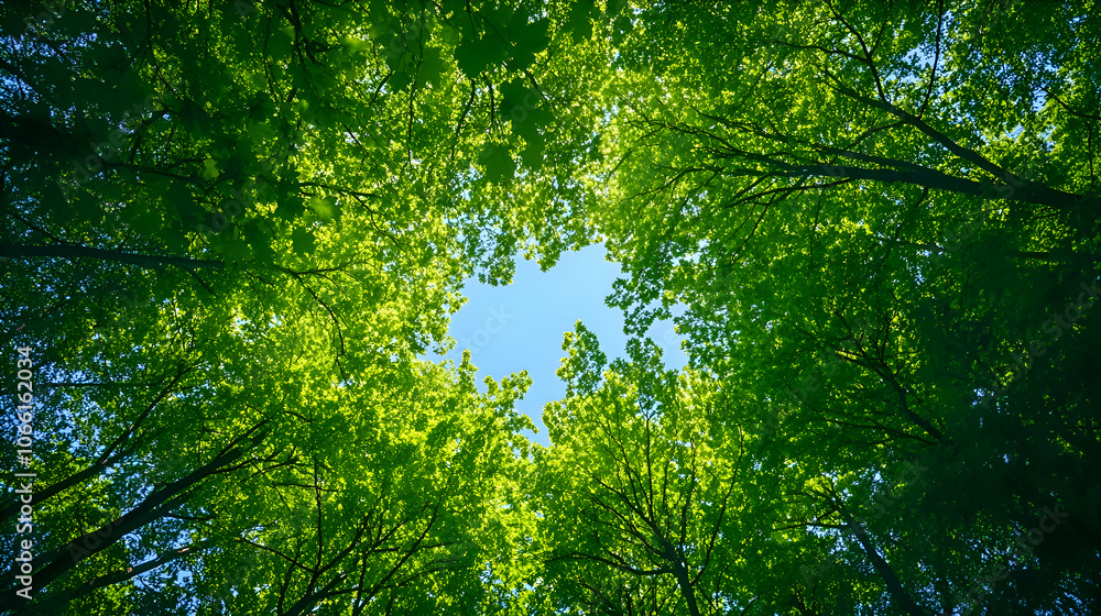 Fototapeta premium Green Canopy with Blue Sky, green leaves, forest, trees, nature, woodland