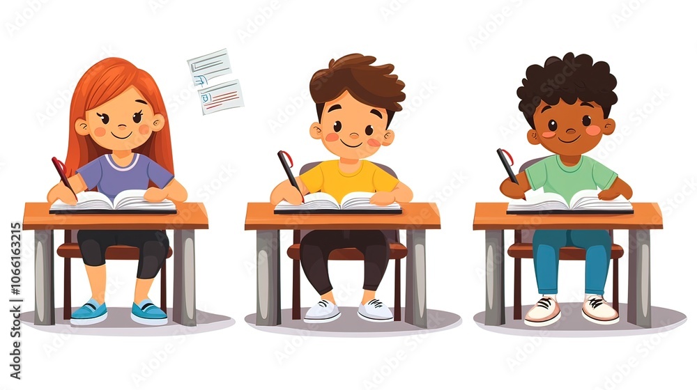 Three diverse children sitting at desks writing in notebooks with pencils. Three diverse children sitting at desks writing in notebooks with pencils.