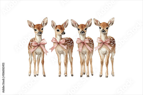 watercolor Cute Christmas deer with a pink bow. Cute Pink Christmas Reindeer