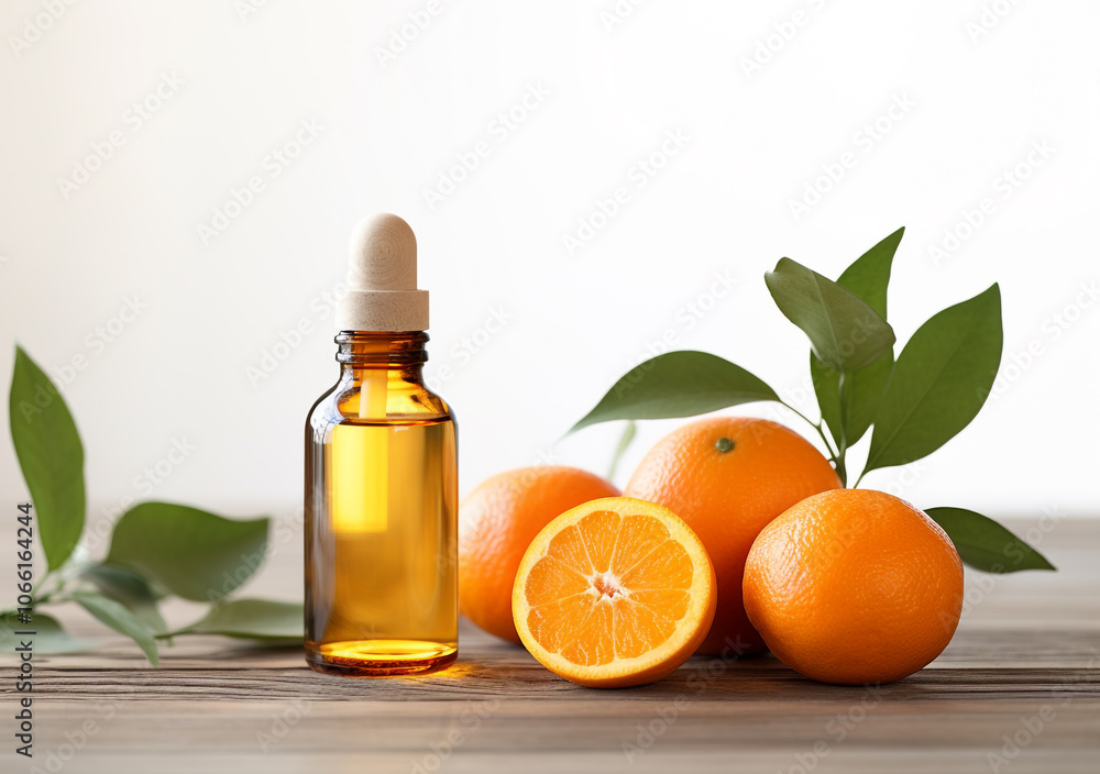 Tangerine essential oil in a bottle with a cork connected to it and fresh tangerine orange fruits on a wooden table
Tangerine essential oil in a bottle with a cork connected to it and fresh tangerine orange fruits on a wooden table