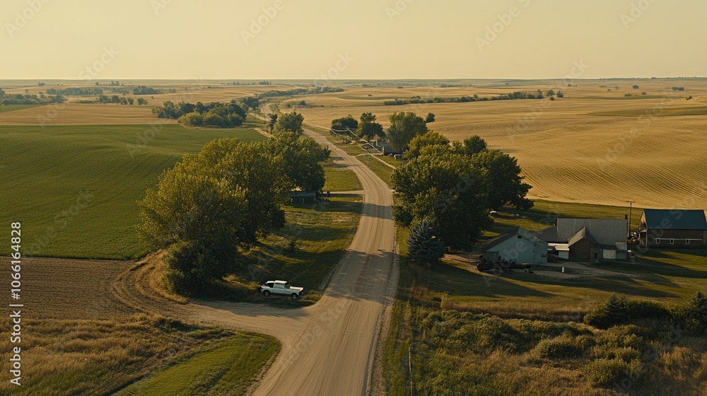 Fototapeta premium Serene Countryside Road Under Golden Hour Light
