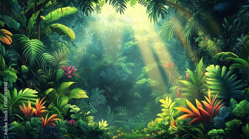 Lush Rainforest with Vibrant Canopy and Sunlight photo