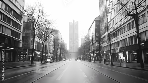 Architecture shot of a street, low angle, skyscrapers, modern glass and steel architecture, cloudy misty diffuse light, black & white photography.