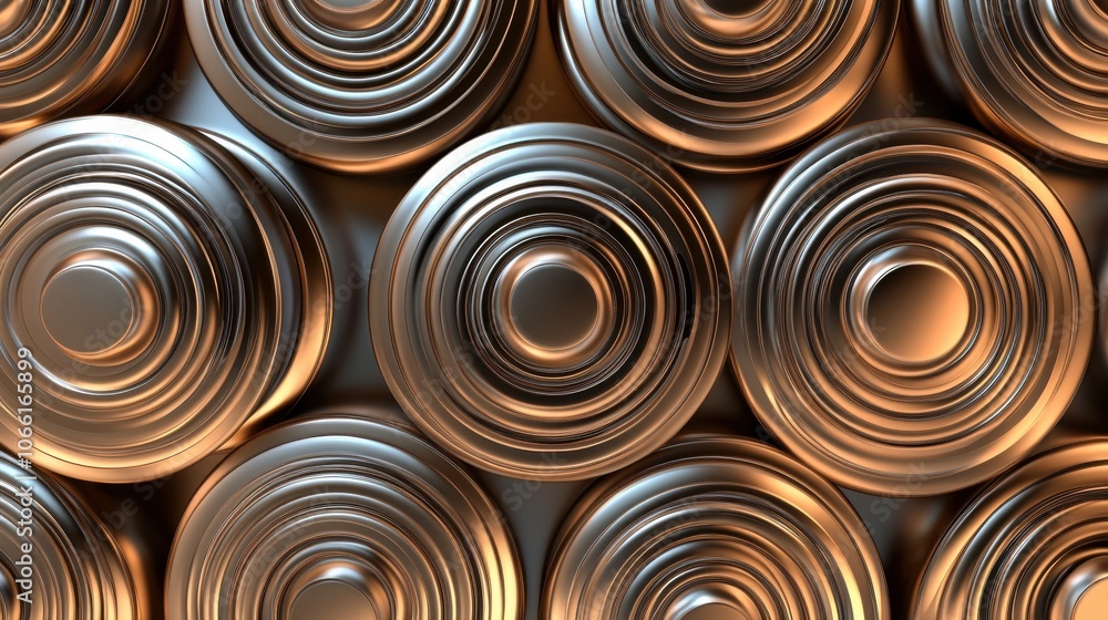 A collection of shiny metallic cans is arranged closely, displaying their beautifully crafted circular patterns and textures. The interplay of light enhances their artistic appearance. A collection of shiny metallic cans is arranged closely, displaying their beautifully crafted circular patterns and textures. The interplay of light enhances their artistic appearance.