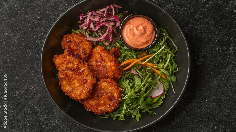 Fototapeta premium Crispy Fried Chicken with Salad and Dipping Sauce