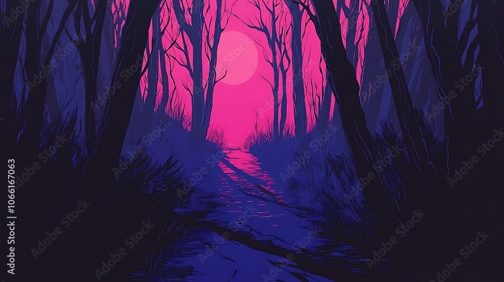 Obraz premium Silhouettes of Trees in a Forest with Pink Sunset.