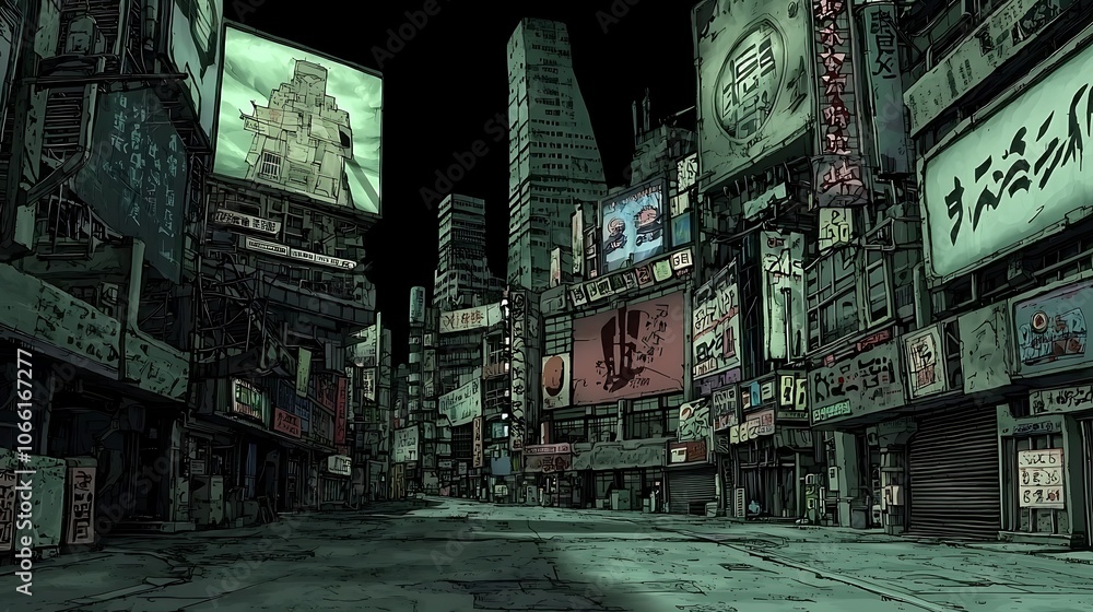 Fototapeta premium Desolate Urban Street with Neon Signs and Graffiti.