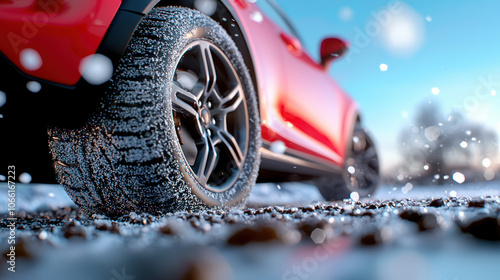 car on snowy road with studless tires, showcasing winter driving. photo