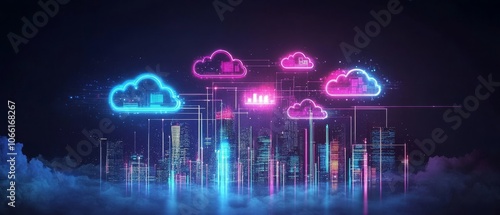 A vibrant city skyline illuminated at night, with digital lines and glowing icons floating above, representing cloud computing and the seamless integration of technology in modern urban life