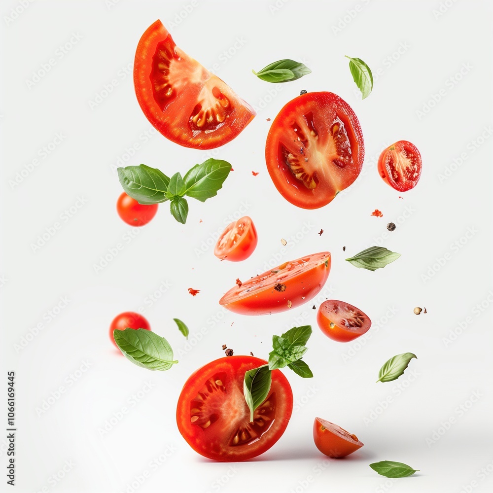 Tomato with half slices falling or floating in the air with green leaves isolated on a whote background Tomato with half slices falling or floating in the air with green leaves isolated on a whote background
