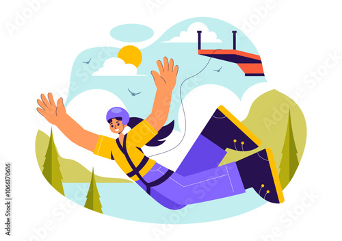 Bungee Jumping Vector Illustration featuring a Person Falling from a Great Height with an Elastic Rope in an Extreme Sport Flat Cartoon Background