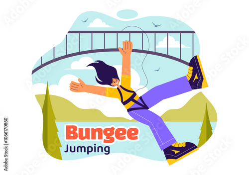 Bungee Jumping Vector Illustration featuring a Person Falling from a Great Height with an Elastic Rope in an Extreme Sport Flat Cartoon Background