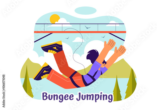 Bungee Jumping Vector Illustration featuring a Person Falling from a Great Height with an Elastic Rope in an Extreme Sport Flat Cartoon Background
