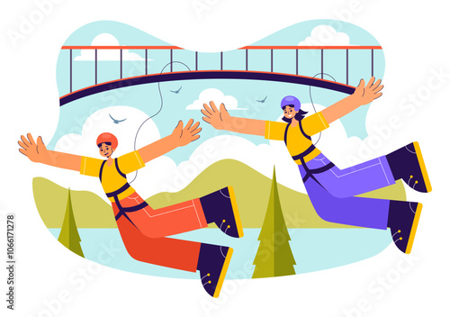 Bungee Jumping Vector Illustration featuring a Person Falling from a Great Height with an Elastic Rope in an Extreme Sport Flat Cartoon Background