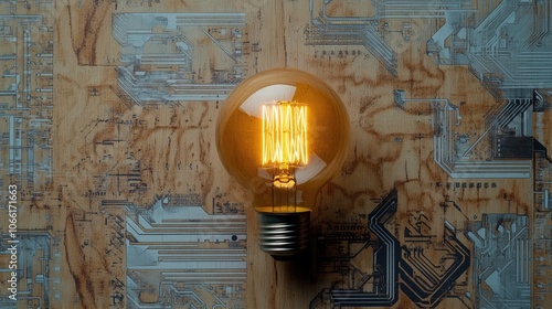 Vintage Light Bulb on Circuit Board Background photo