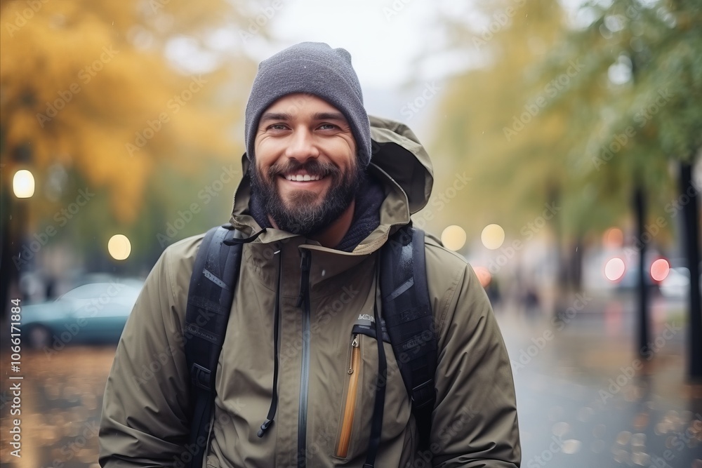 Portrait of a smiling man with a backpack in the city. Portrait of a smiling man with a backpack in the city.
