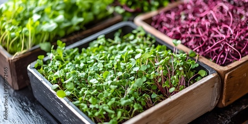 Freshly harvested micro greens in tray on table with beet shoots, perfect for preparing vegetarian salads, micro greens, vegetarian salads, tray, healthy photo