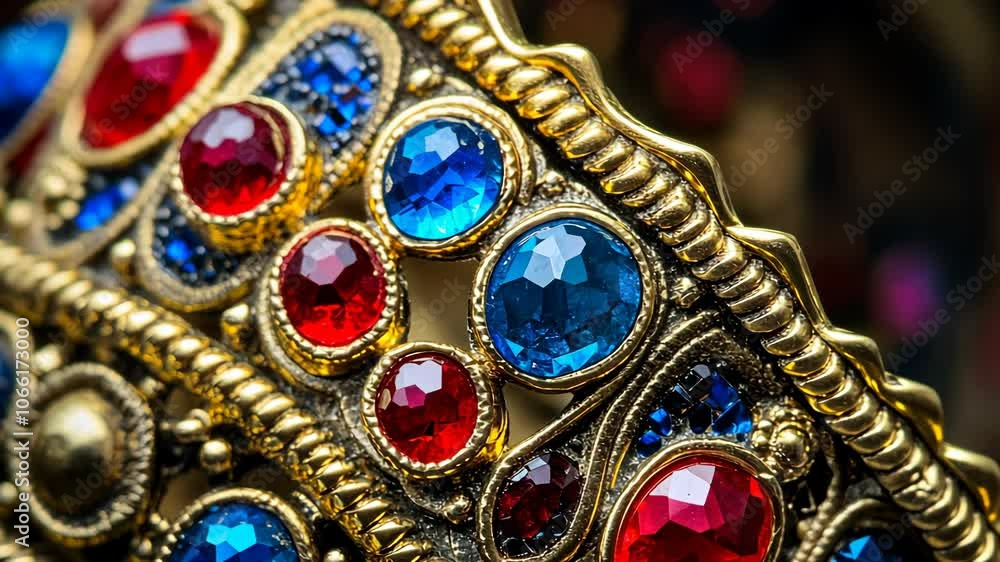 A close-up of a gold bracelet adorned with red and blue gemstones A close-up of a gold bracelet adorned with red and blue gemstones