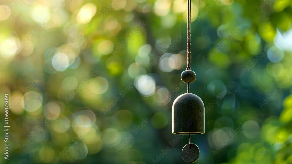 Tranquil Hanging Wind Chime in Sunlit Forest Bokeh Background, Peaceful Outdoor Nature Scene Perfect for Meditation, Relaxation, and Zen Garden Decor Tranquil Hanging Wind Chime in Sunlit Forest Bokeh Background, Peaceful Outdoor Nature Scene Perfect for Meditation, Relaxation, and Zen Garden Decor