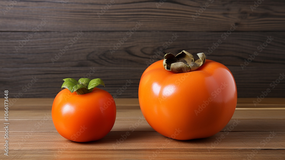 Two persimmons on a wooden table Two persimmons on a wooden table