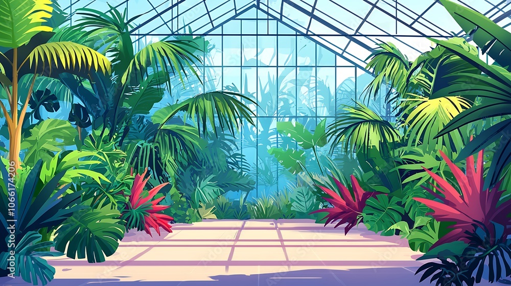 Fototapeta premium Lush Green Tropical Plants in a Glass Greenhouse with a Tile Floor.