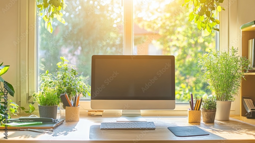Sunny Home Office Workspace with Plants and Computer Sunny Home Office Workspace with Plants and Computer