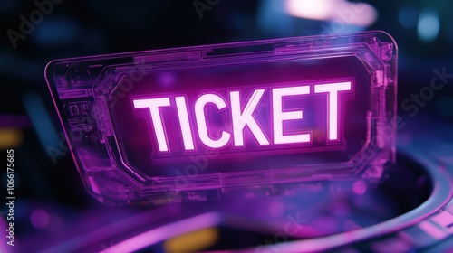 A neon glowing ticket design showcased on a futuristic holographic display interface photo