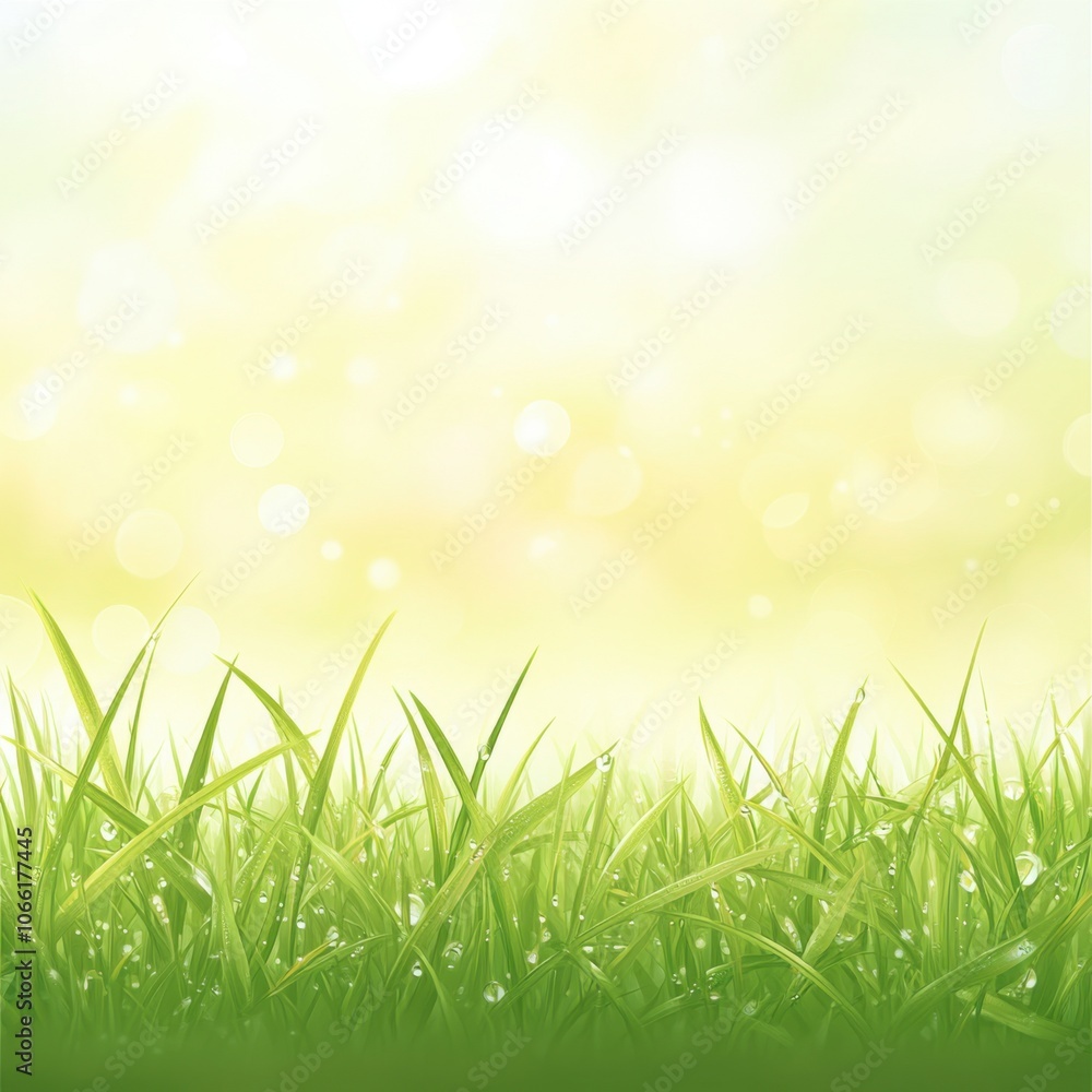 Fototapeta premium A serene green grass field with a soft, dreamy bokeh background, perfect for nature-themed projects and designs.