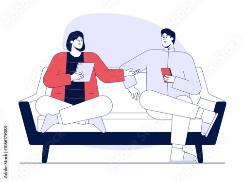 Two friends chatting and sitting. Friendship illustration. Flat vector illustration