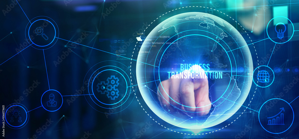 Fototapeta premium Business, technology, internet and network concept. Virtual screen of the future and sees the inscription: Business transformation.