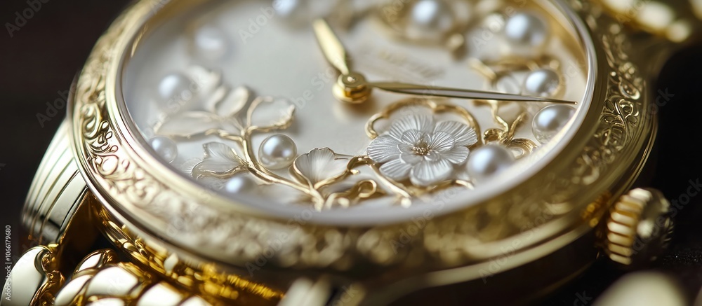 Women's luxury watch with floral etchings, pearl accents, gold chain link strap, high detail close-up Women's luxury watch with floral etchings, pearl accents, gold chain link strap, high detail close-up