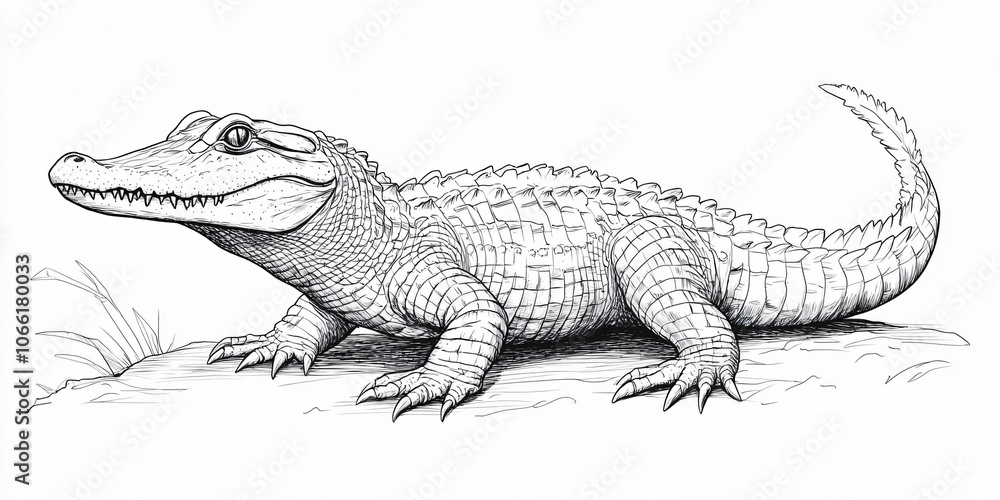 Obraz premium A detailed black and white line drawing of an alligator with its mouth closed