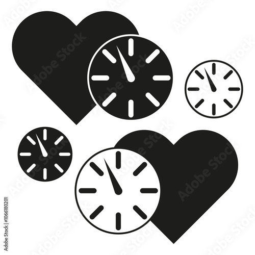 Clock and heart shapes. Love and time concept. Black and white icons. Vector illustration.